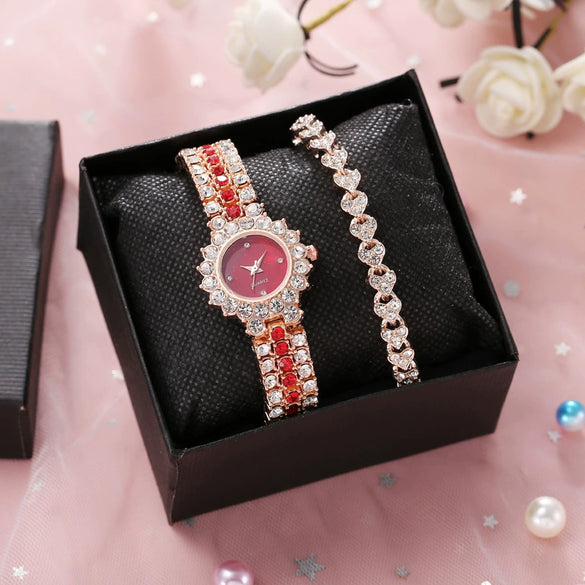 Women's Leisure Diamond Bracelet Watch Twopiece Set Alloy Case Imitation Leather Strap Titanium Metal Clasp Round Dial