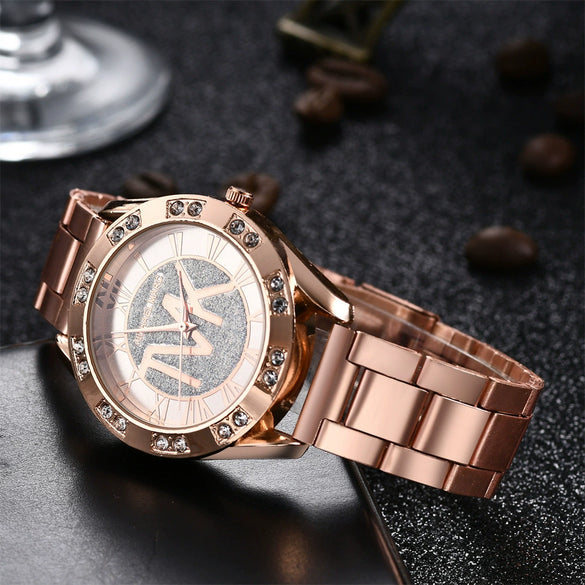 Women's Leisure Diamond Quartz Watch Alloy Case Stainless Steel Strap Round Dial