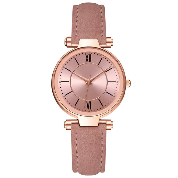 Women's Leisure Fashion Watch With Roman Sun Wheel Dial Mineral Strengthened Glass Mirror Genuine Leather Strap Rose Gold Clasp And Round Shape