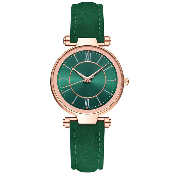 Women's Leisure Fashion Watch With Roman Sun Wheel Dial Mineral Strengthened Glass Mirror Genuine Leather Strap Rose Gold Clasp And Round Shape
