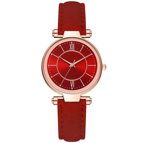 Women's Leisure Fashion Watch With Roman Sun Wheel Dial Mineral Strengthened Glass Mirror Genuine Leather Strap Rose Gold Clasp And Round Shape