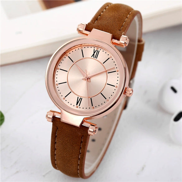 Women's Leisure Fashion Watch With Roman Sun Wheel Dial Mineral Strengthened Glass Mirror Genuine Leather Strap Rose Gold Clasp And Round Shape