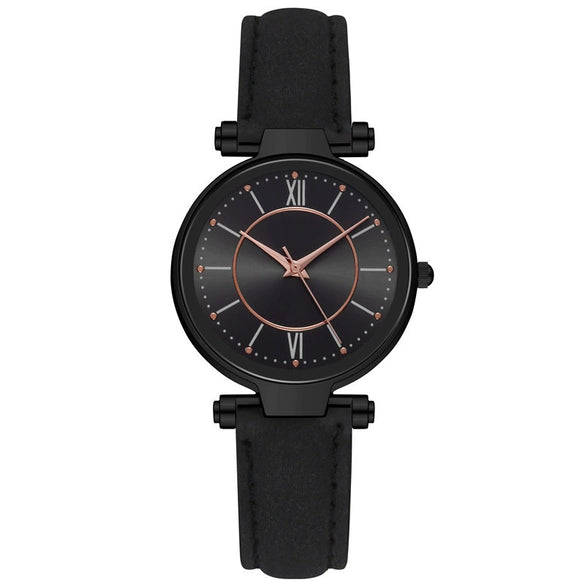 Women's Leisure Fashion Watch With Roman Sun Wheel Dial Mineral Strengthened Glass Mirror Genuine Leather Strap Rose Gold Clasp And Round Shape