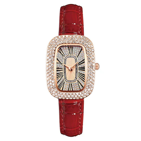 Women's Leisure Metal And Imitation Leather Barrelshaped Rhinestone Watch