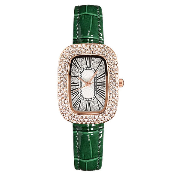 Women's Leisure Metal And Imitation Leather Barrelshaped Rhinestone Watch