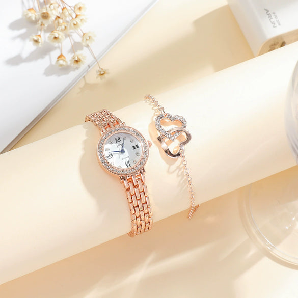 Women's Leisure Quartz Watch Alloy Case Imitation Leather Strap Round Dial Diamondencrusted