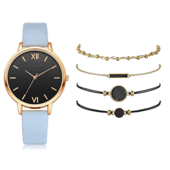 Women's Leisure Quartz Watch Set With Alloy Case Imitation Leather Strap And Round Dial