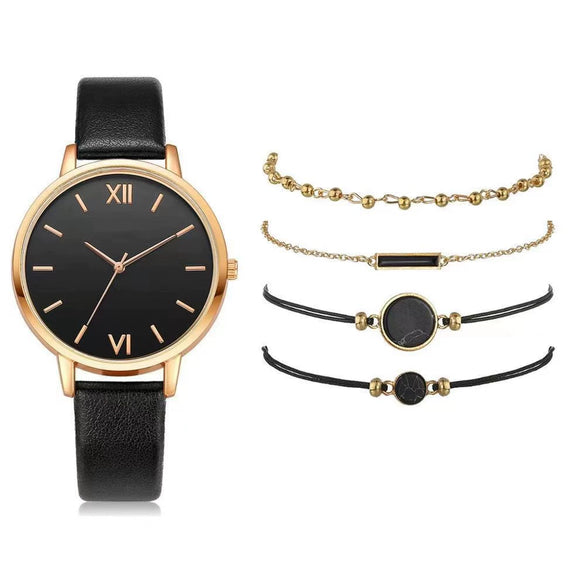 Women's Leisure Quartz Watch Set With Alloy Case Imitation Leather Strap And Round Dial