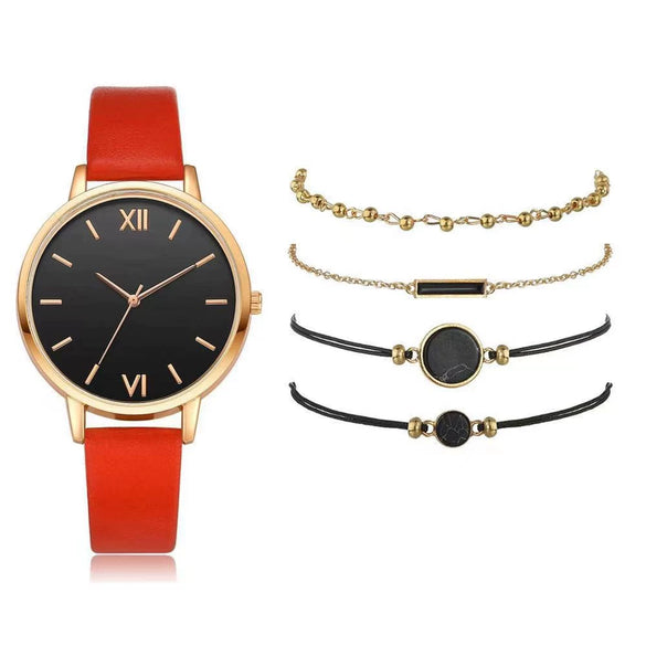 Women's Leisure Quartz Watch Set With Alloy Case Imitation Leather Strap And Round Dial