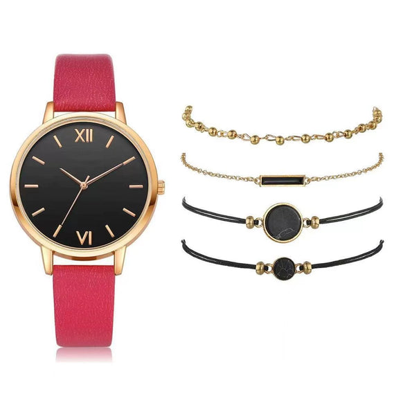 Women's Leisure Quartz Watch Set With Alloy Case Imitation Leather Strap And Round Dial