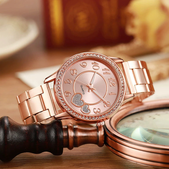 Women's Leisure Quartz Watch With Diamond Alloy Case And Steel Belt Round Dial