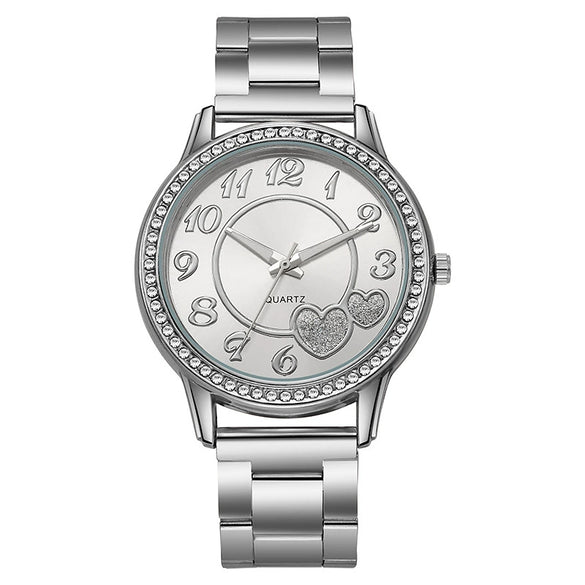 Women's Leisure Quartz Watch With Diamond Alloy Case And Steel Belt Round Dial
