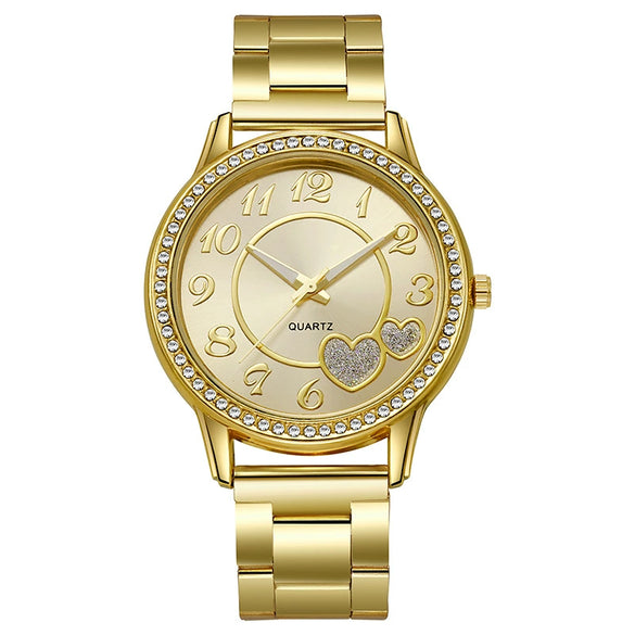 Women's Leisure Quartz Watch With Diamond Alloy Case And Steel Belt Round Dial