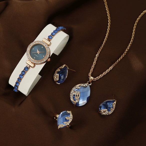 Women's Leisure Style Round Diamondencrusted Quartz Bracelet Watch And Jewelry Set With Alloy And Stainless Steel Materials