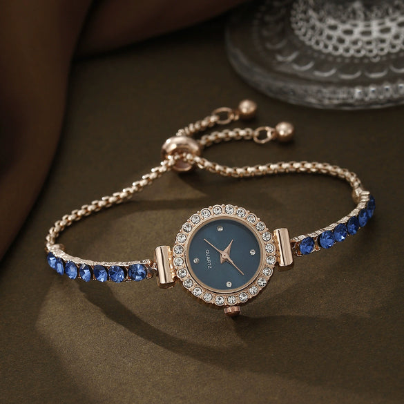 Women's Leisure Style Round Diamondencrusted Quartz Bracelet Watch And Jewelry Set With Alloy And Stainless Steel Materials
