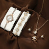 Women's Leisure Style Round Diamondencrusted Quartz Bracelet Watch And Jewelry Set With Alloy And Stainless Steel Materials