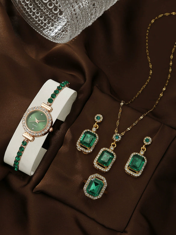 Women's Leisure Style Round Diamondencrusted Quartz Bracelet Watch And Jewelry Set With Alloy And Stainless Steel Materials