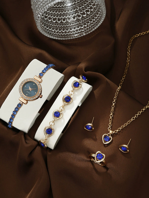 Women's Leisure Style Round Diamondencrusted Quartz Bracelet Watch And Jewelry Set With Alloy And Stainless Steel Materials