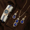 Women's Leisure Style Round Diamondencrusted Quartz Bracelet Watch And Jewelry Set With Alloy And Stainless Steel Materials