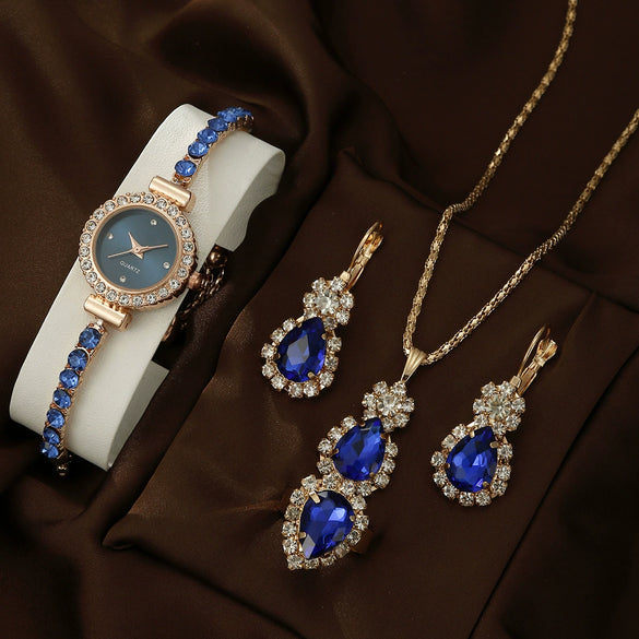 Women's Leisure Style Round Diamondencrusted Quartz Bracelet Watch And Jewelry Set With Alloy And Stainless Steel Materials