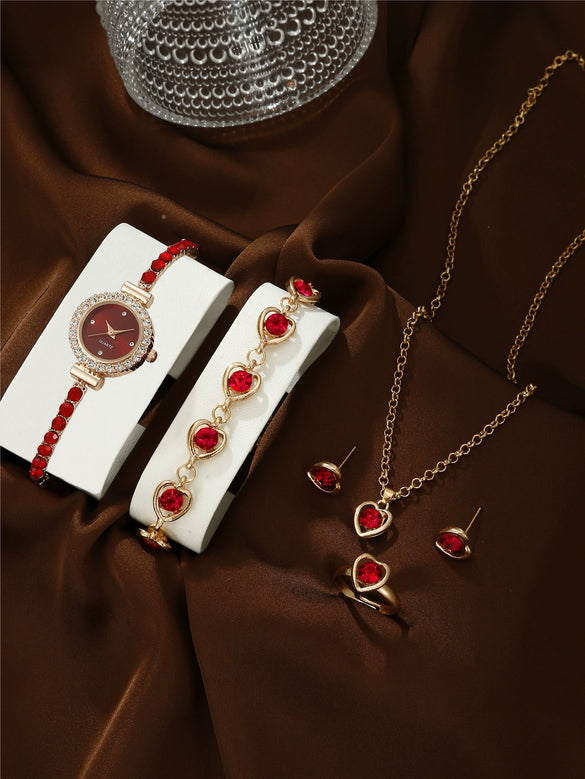 Women's Leisure Style Round Diamondencrusted Quartz Bracelet Watch And Jewelry Set With Alloy And Stainless Steel Materials