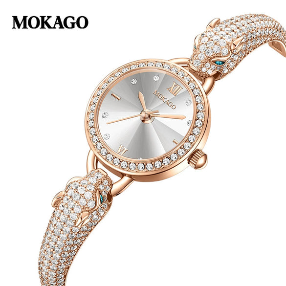 Women's Leopard Head Quartz Watch With Zinc Alloy Case Mineral Strengthened Glass Mirror Zircon Inlaid Copper Strip Strap And Stainless Steel Clasp