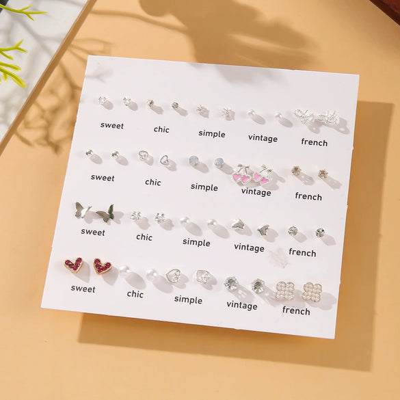 Women's Light Luxury Alloy White Pearl Earrings Set With Hollow Heart Butterfly And Flower Shapes Electroplated