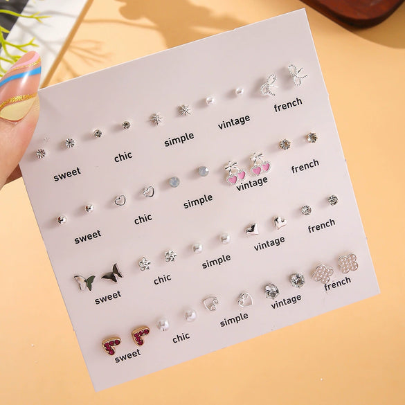 Women's Light Luxury Alloy White Pearl Earrings Set With Hollow Heart Butterfly And Flower Shapes Electroplated