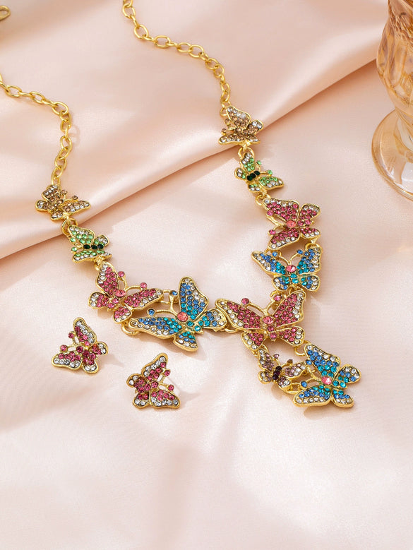 Women's Light Luxury Butterfly Necklace And Earrings Set Electroplated Alloy Floral Jewelry