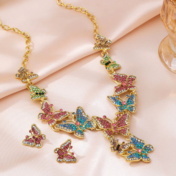Women's Light Luxury Butterfly Necklace And Earrings Set Electroplated Alloy Floral Jewelry