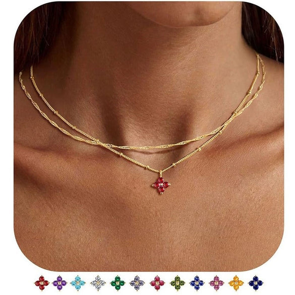 Women's Light Luxury Copper Four Leaf Clover Birthstone Necklace Geometric Leaf Pendant Clavicle Chain With Electroplated Finish