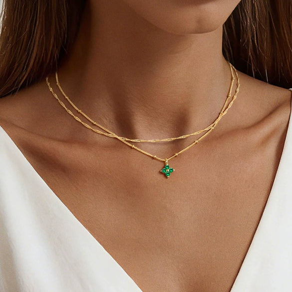 Women's Light Luxury Copper Four Leaf Clover Birthstone Necklace Geometric Leaf Pendant Clavicle Chain With Electroplated Finish
