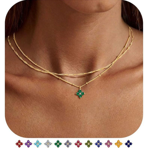 Women's Light Luxury Copper Four Leaf Clover Birthstone Necklace Geometric Leaf Pendant Clavicle Chain With Electroplated Finish