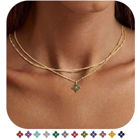 Women's Light Luxury Copper Four Leaf Clover Birthstone Necklace Geometric Leaf Pendant Clavicle Chain With Electroplated Finish