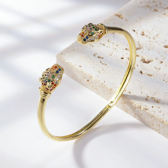 Women's Light Luxury Copper Open Bracelet With Inlaid Colorful Zircon Leopard Head Geometric Electroplated Statement Bangle