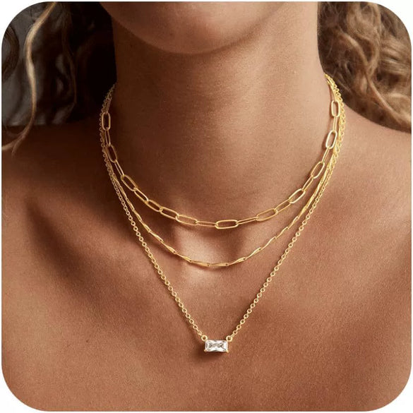 Women's Light Luxury Copper Three Layer Choker Necklace With Snake Bone And Paperclip Chain Geometric Design Electroplated Elegant Jewelry