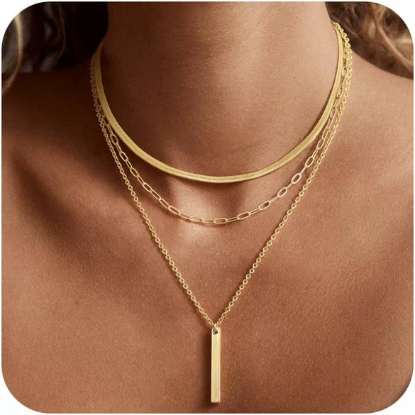 Women's Light Luxury Copper Three Layer Choker Necklace With Snake Bone And Paperclip Chain Geometric Design Electroplated Elegant Jewelry