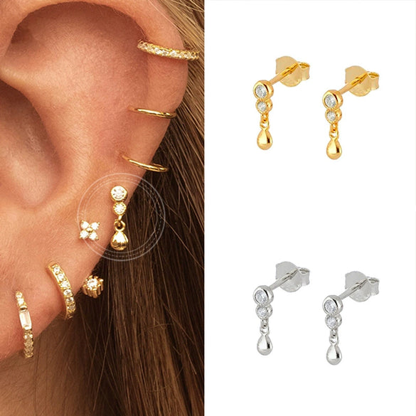 Women's Light Luxury Drop Shape Geometric Zircon Inlaid Earrings With Silver Needle And Copper Electroplated Finish