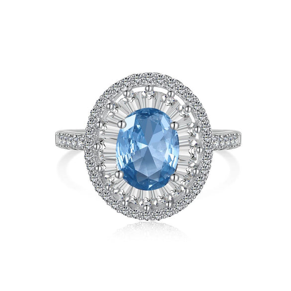 Women's Light Luxury Elegant Blue Ice Flower Cut 8A Zircon S925 Sterling Silver Ring With Geometric Pattern And Electroplating Treatment