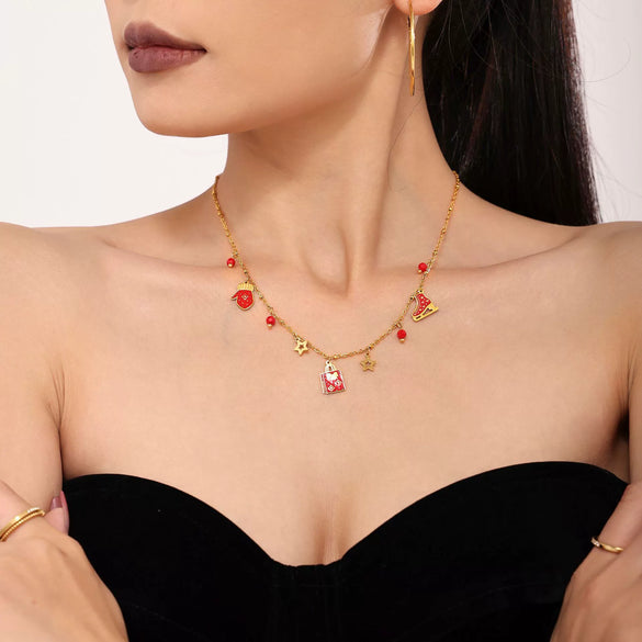 Women's Light Luxury Enamel Pendant Necklace And Bracelet Set Stainless Steel Gold Plated Christmasinspired Jewelry