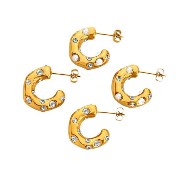 Women's Light Luxury Geometric Cshaped Imitation Pearl Titanium Steel Electroplated Earrings