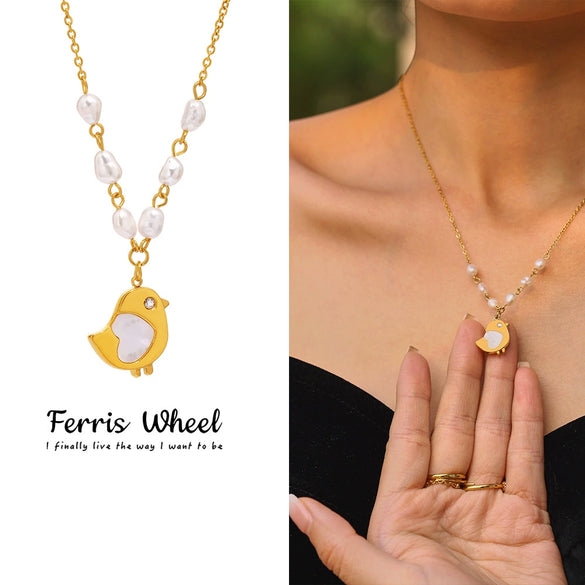 Women's Light Luxury Geometric Ferris Wheel Shell Freshwater Pearl Stainless Steel Titanium Steel Electroplated Necklace