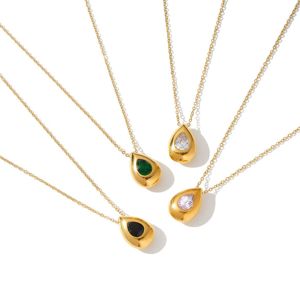 Women's Light Luxury Geometric Teardrop Stainless Steel Necklace With Zircon Inlay And 18K Gold Electroplated Minimalist Design