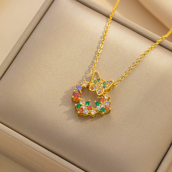 Women's Light Luxury Geometric Zircon Colorful Bow Donut Pendant Titanium Steel Clavicle Ochain