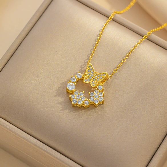 Women's Light Luxury Geometric Zircon Colorful Bow Donut Pendant Titanium Steel Clavicle Ochain
