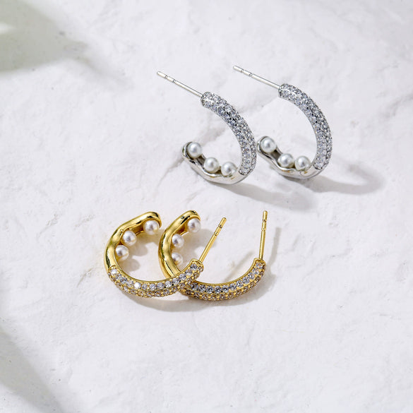 Women's Light Luxury Gold Plated Micropaved Zircon Cshaped Artificial Pearl Earrings With Geometric Pattern