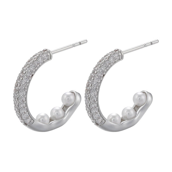 Women's Light Luxury Gold Plated Micropaved Zircon Cshaped Artificial Pearl Earrings With Geometric Pattern