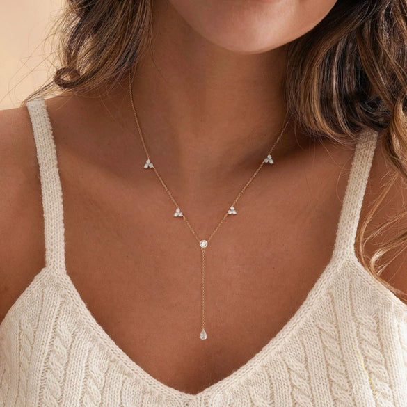 Women's Light Luxury Gold Tone Copper Electroplated Tassel Zircon Y Shaped Geometric Clavicle Necklace