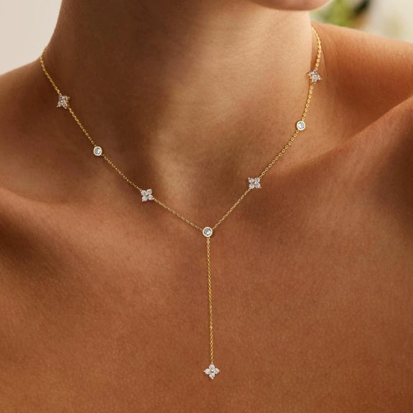 Women's Light Luxury Gold Tone Copper Electroplated Tassel Zircon Y Shaped Geometric Clavicle Necklace