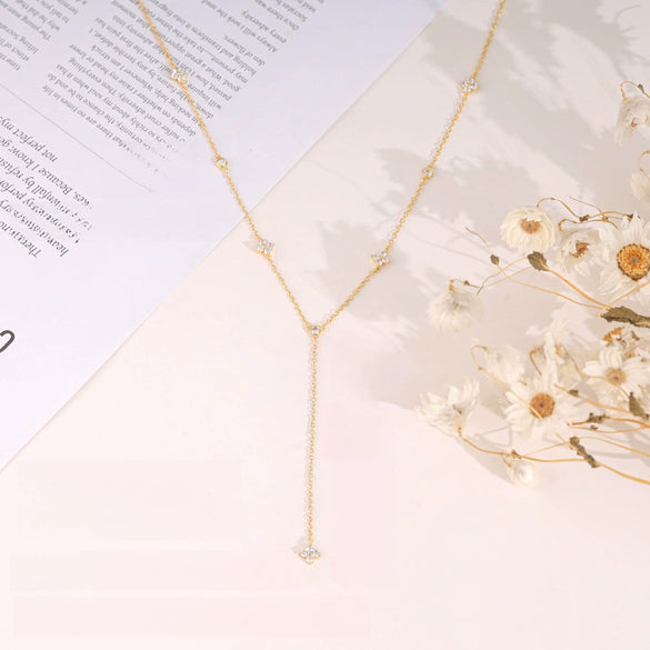 Women's Light Luxury Gold Tone Copper Electroplated Tassel Zircon Y Shaped Geometric Clavicle Necklace